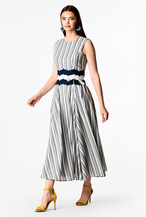 Shop Stripe cotton scallop embellished waist dress | eShakti