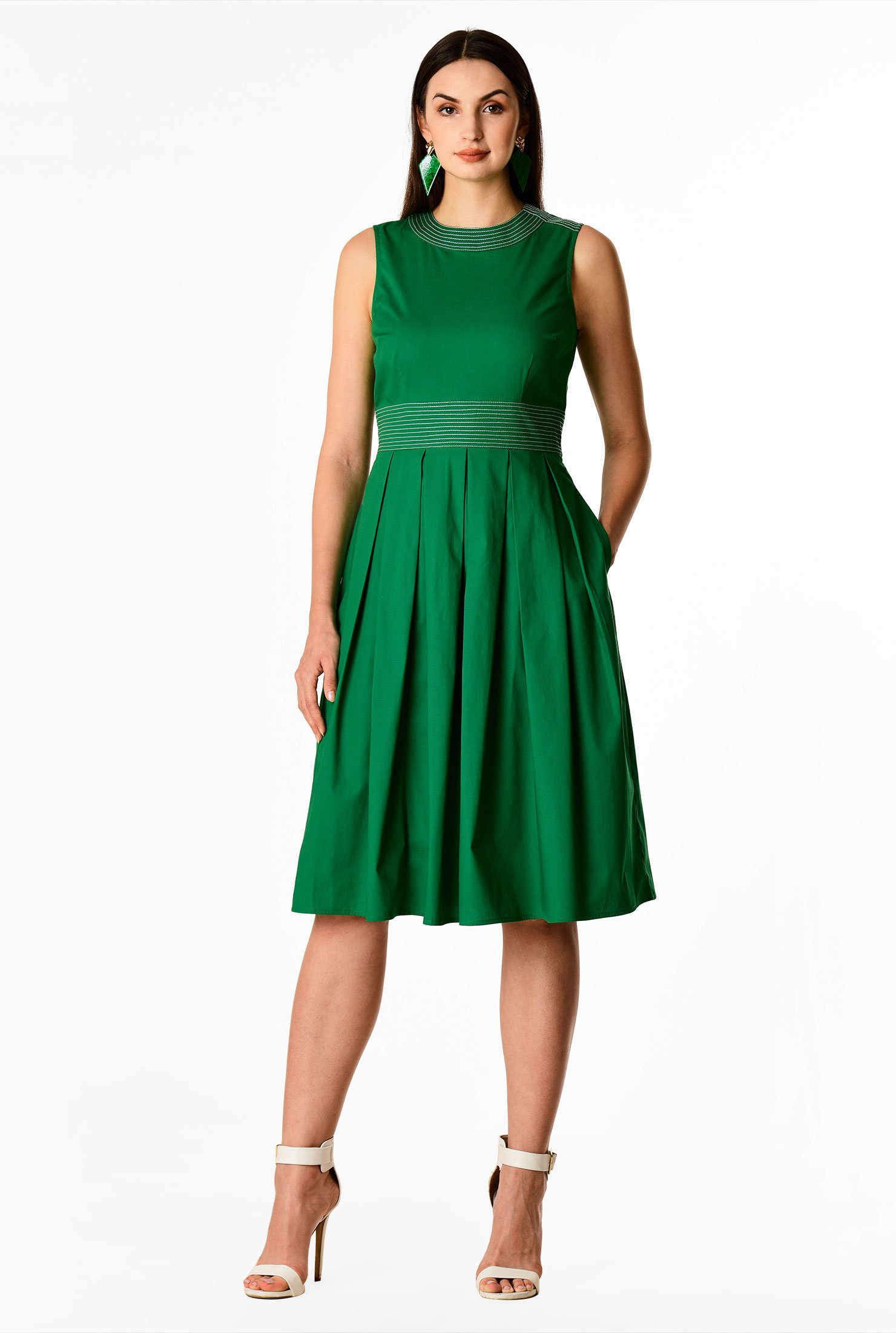 Poplin trapunto banded waist dress