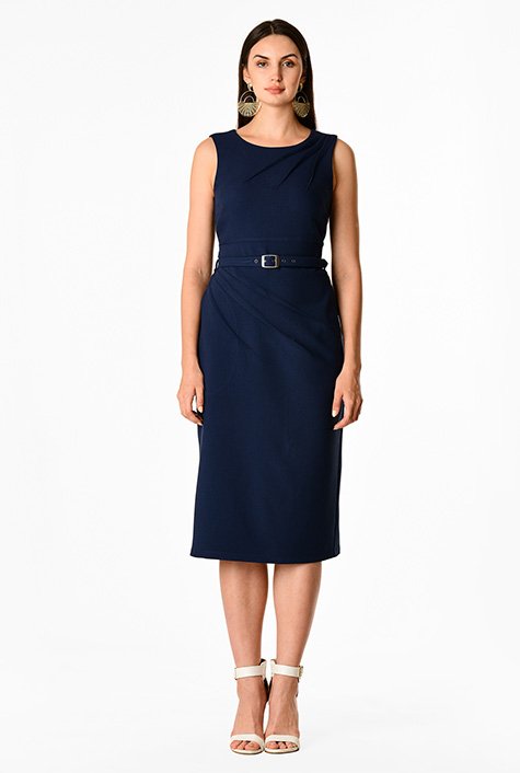 Shop Pleated crepe sheath belt dress | eShakti