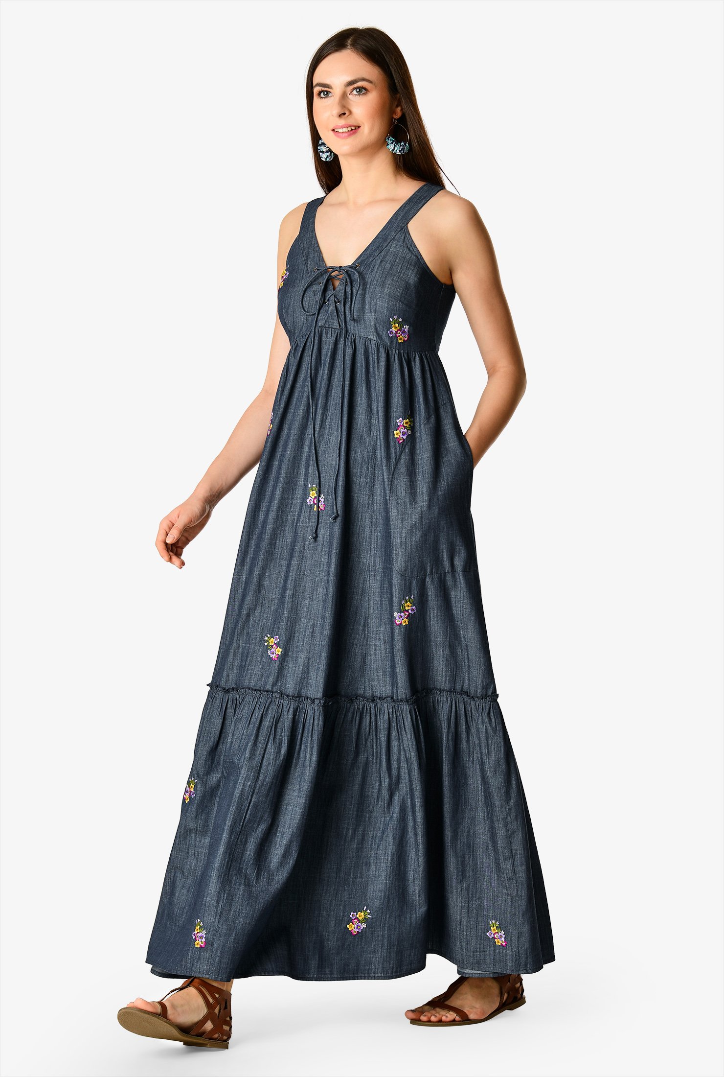 Shop Floral embellished cotton chambray lace-up sundress | eShakti