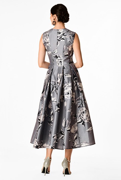 Floral print dupioni release pleat dress