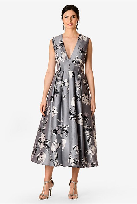 Shop Floral print dupioni release pleat dress | eShakti