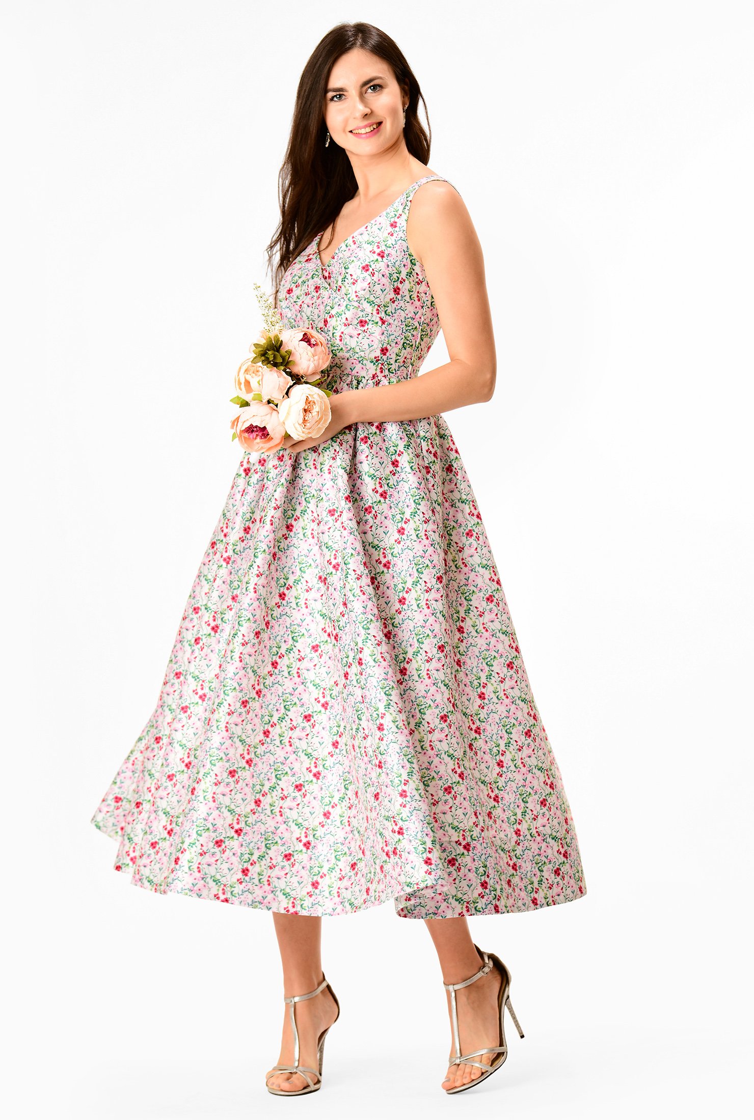 Shop Floral print dupioni surplice maxi dress | eShakti
