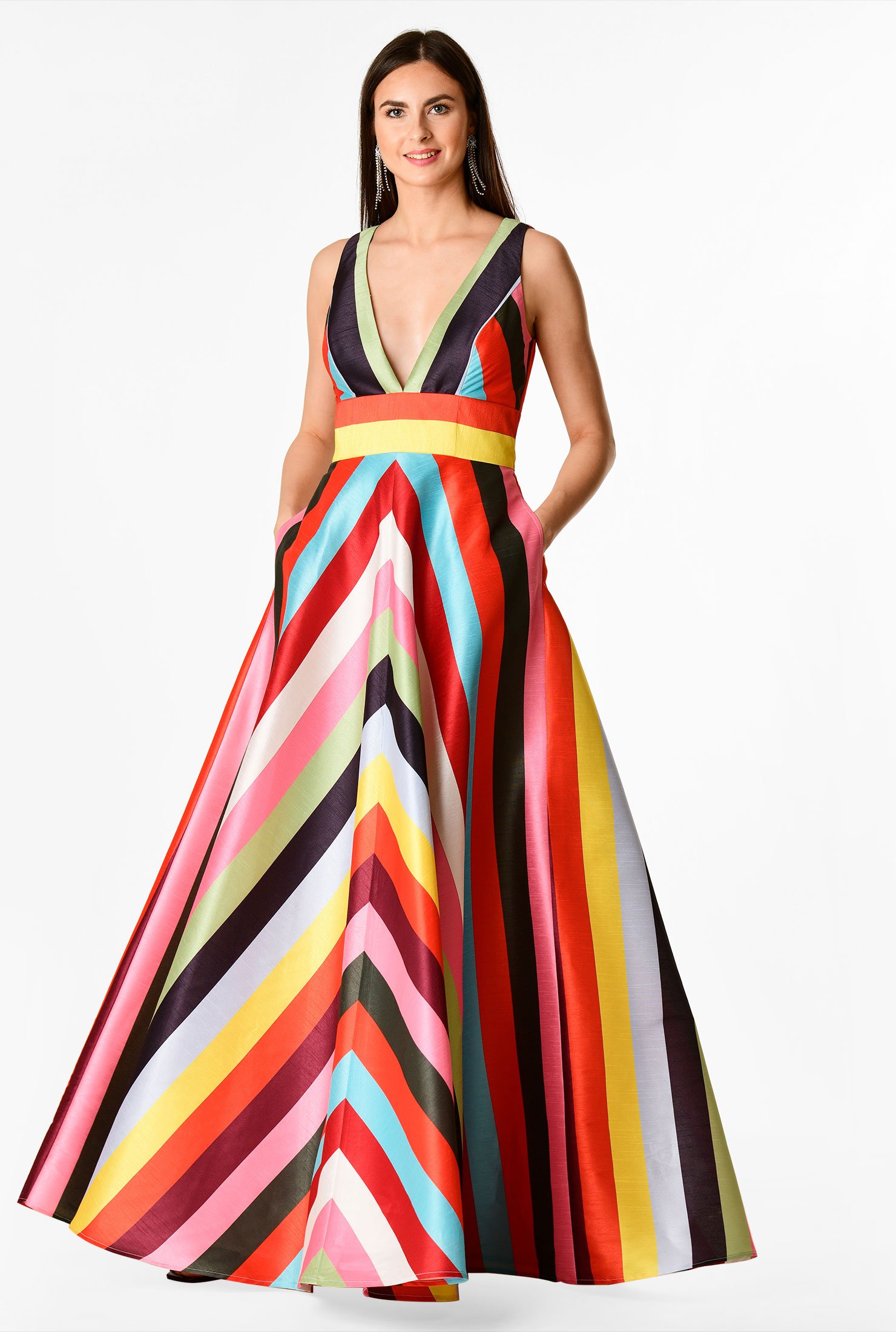 Shop Plunge chevron stripe print dupioni dress | eShakti