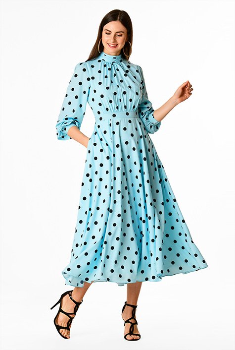 Shop Ruched polka dot print crepe maxi dress | eShakti