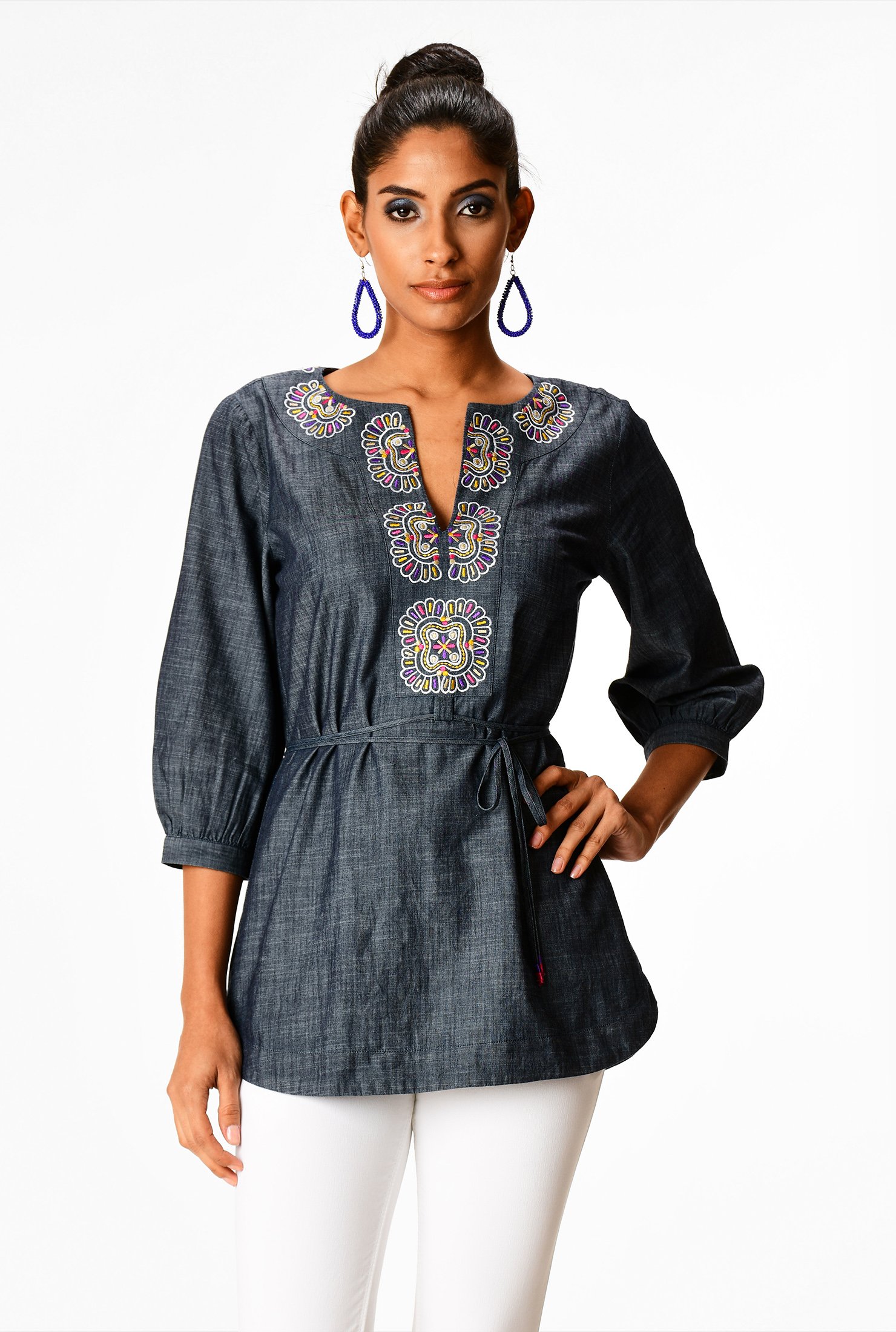 Shop Graphic floral embellished cotton chambray tunic | eShakti