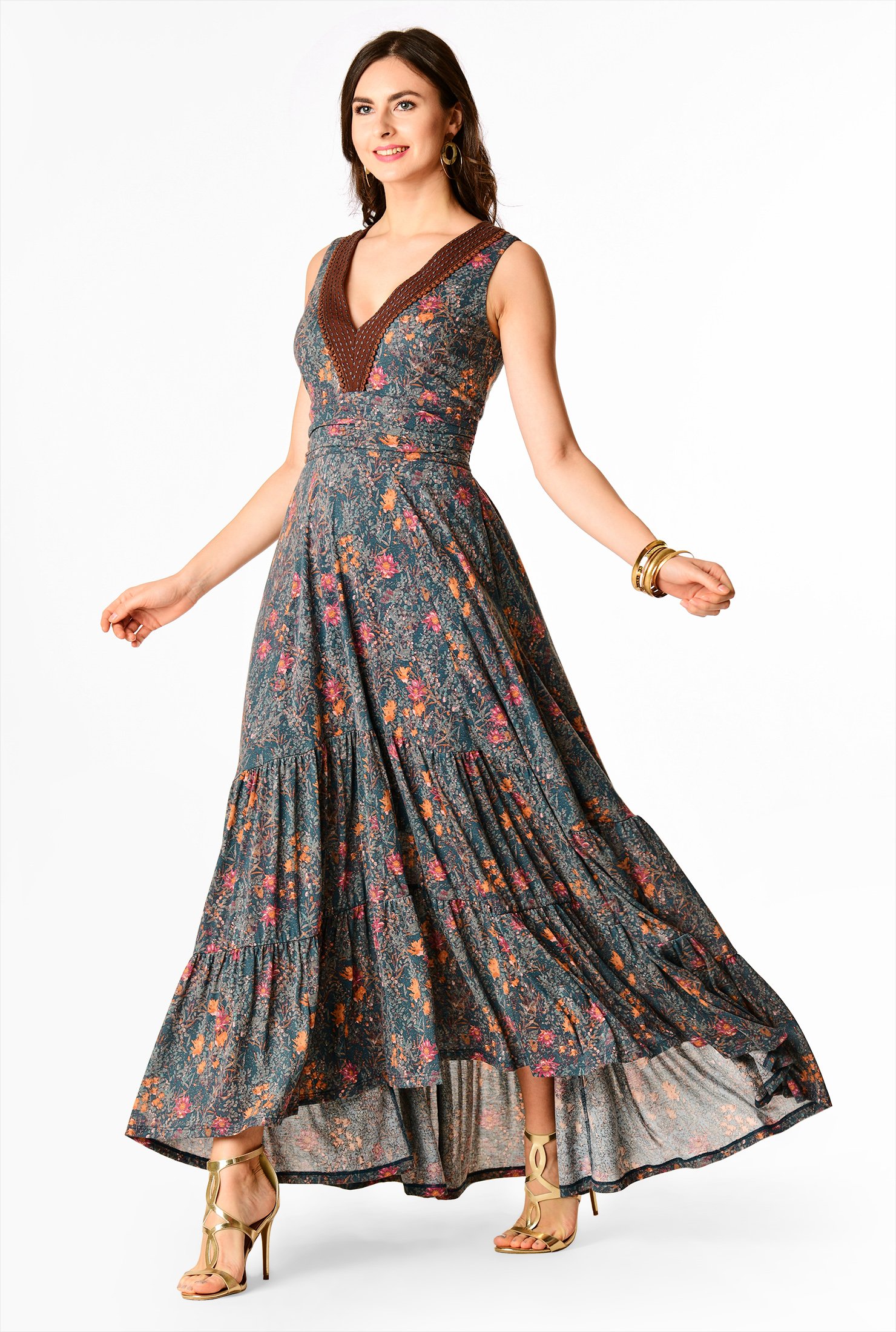 Shop Ruched Tier Floral Print Cotton Dress Eshakti 8050