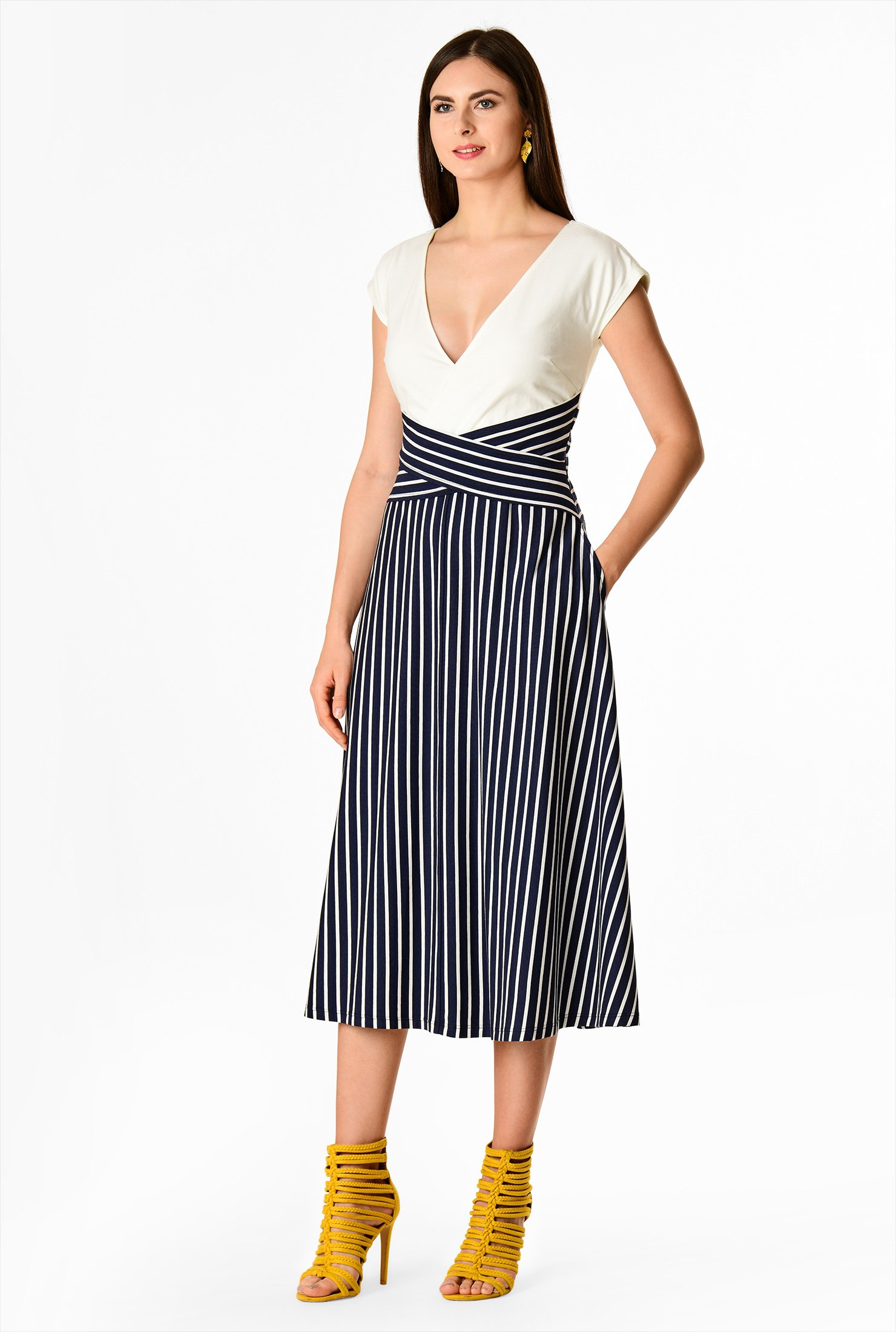 Shop Stripe jersey knit cross waist surplice dress | eShakti