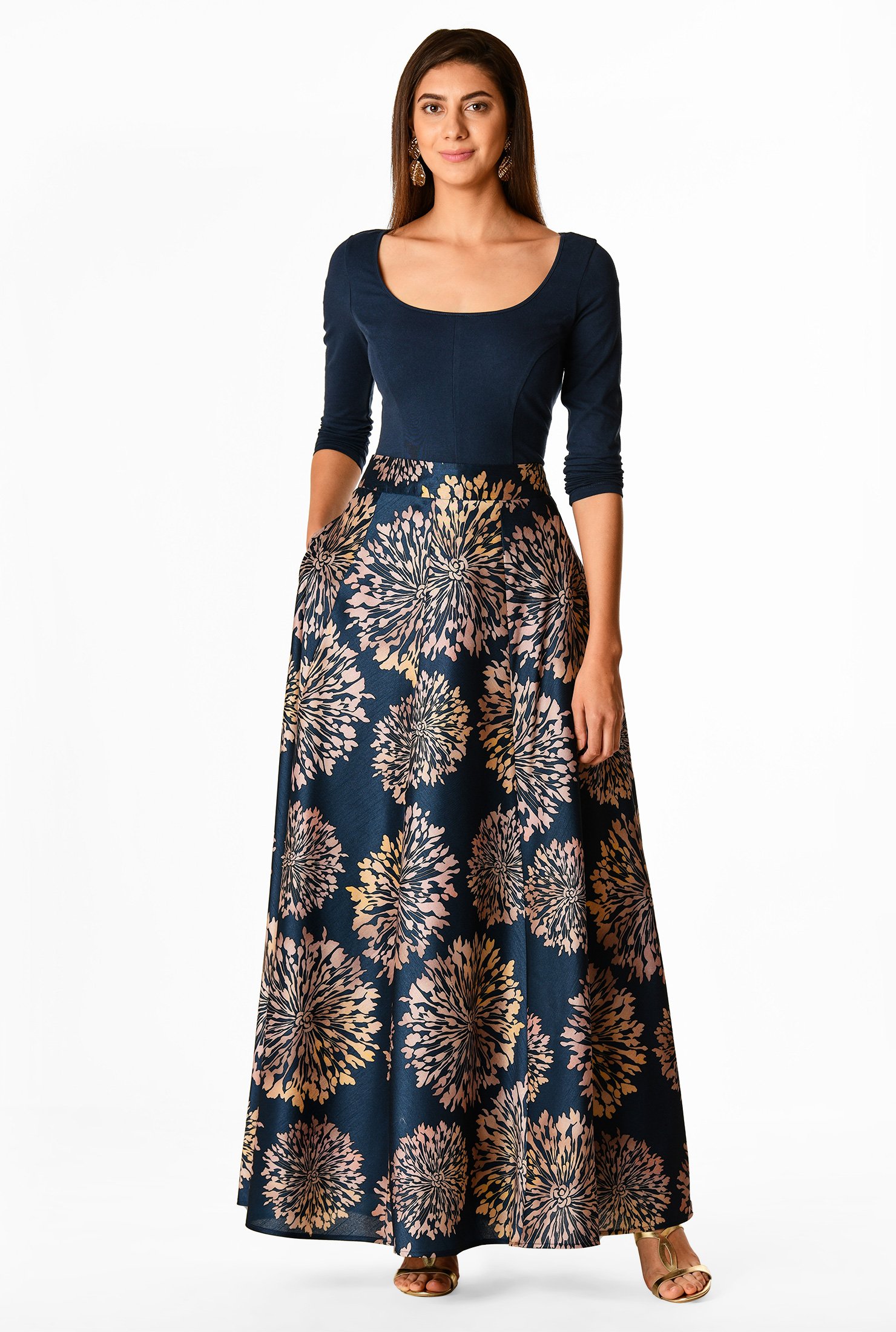 Shop Radiating floral print dupioni maxi skirt | eShakti
