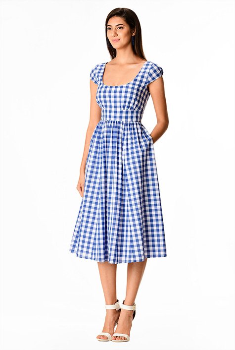 Shop Vibrant Cotton Gingham Check Banded Empire Dress Eshakti 9427