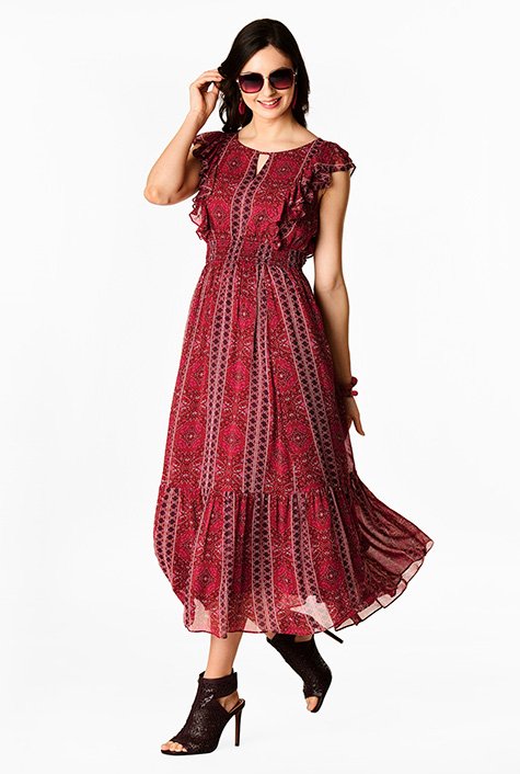 Shop Graphic print ruffle flutter georgette dress | eShakti