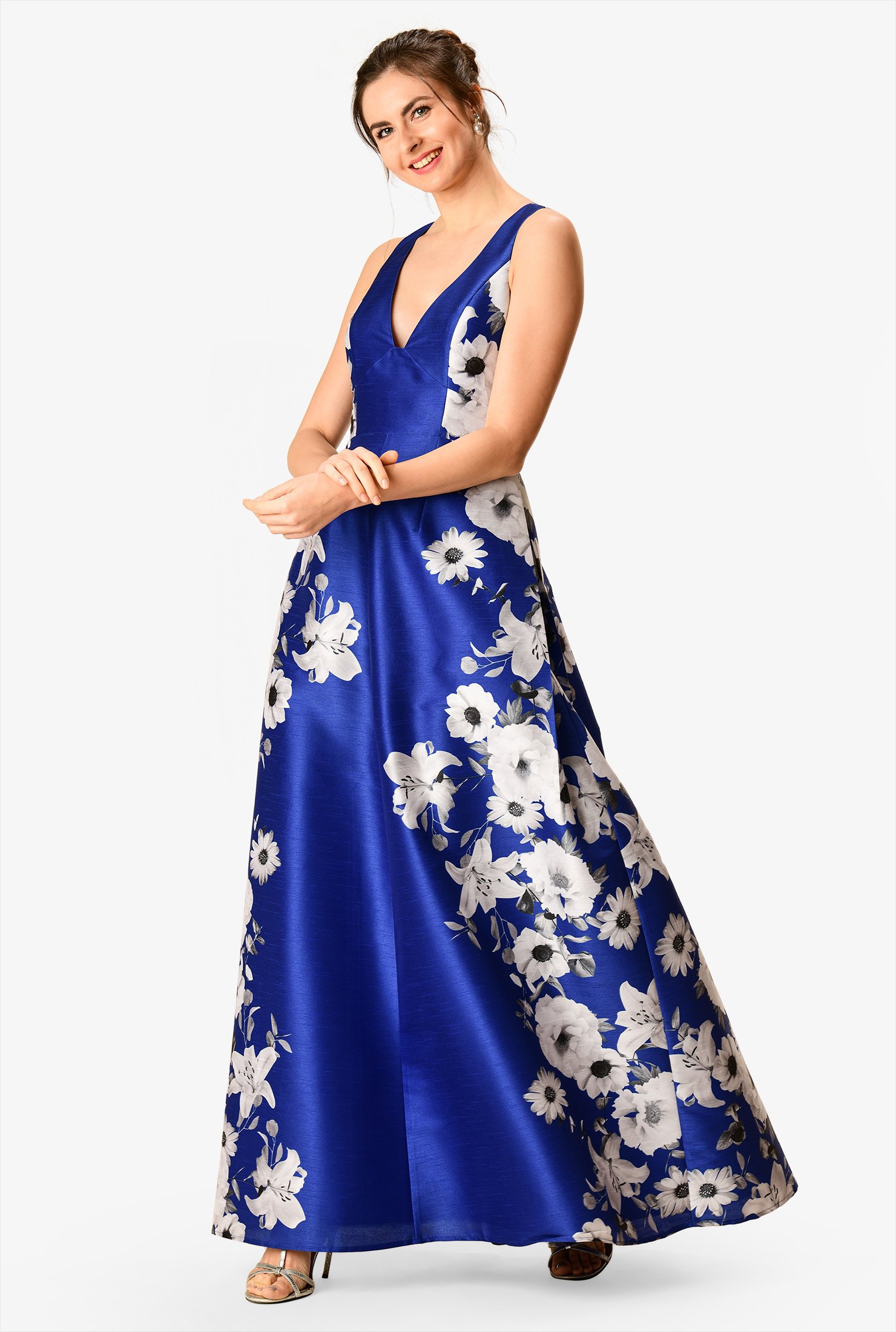 Shop Empire fit-and-flare floral print dupioni dress | eShakti