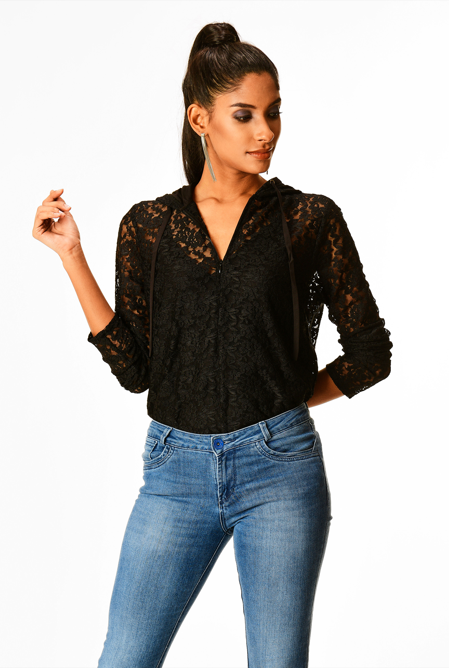 Shop Zip front floral lace hoodie eShakti