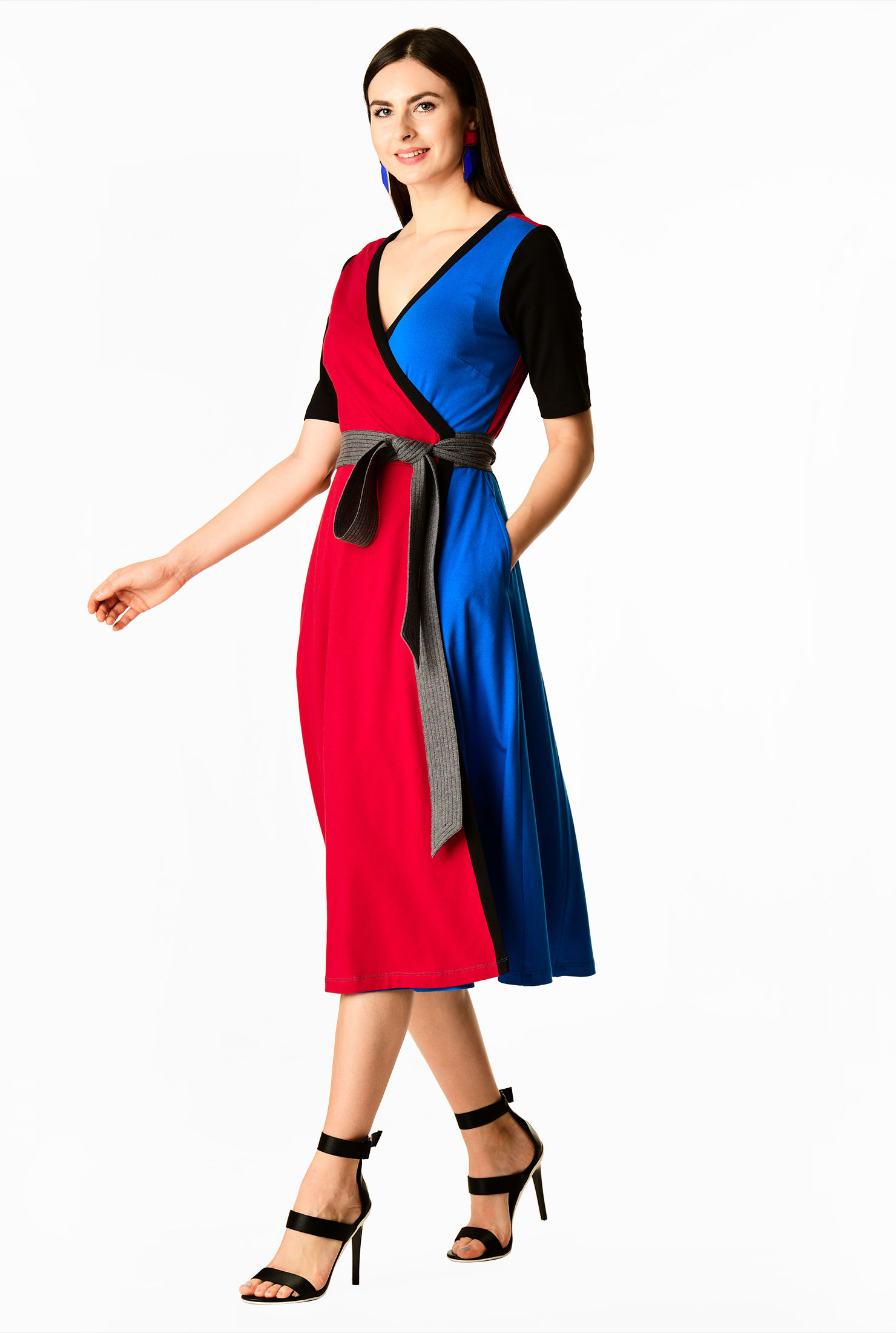 Shop Contrast trim colorblock cotton knit wrap dress eShakti