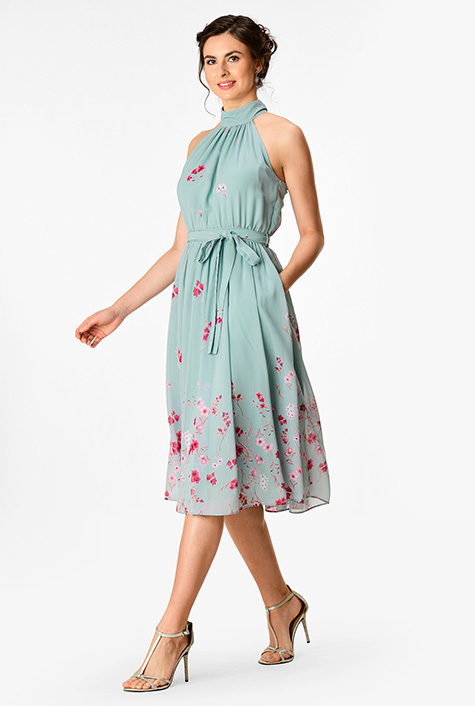 Shop Floral print georgette halter neck dress | eShakti