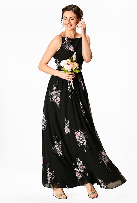 Ruffle plunge back floral print georgette maxi dress