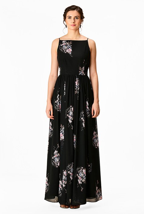 Ruffle plunge back floral print georgette maxi dress