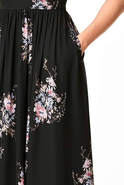 Ruffle plunge back floral print georgette maxi dress