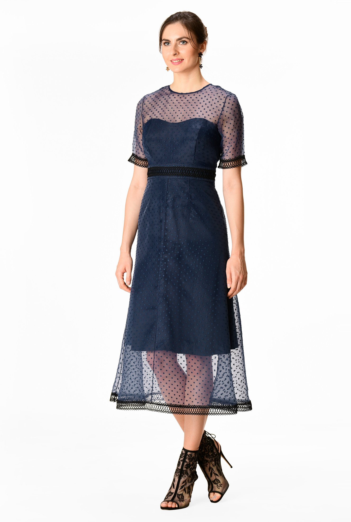 Shop Swiss dot organza lace trim dress | eShakti