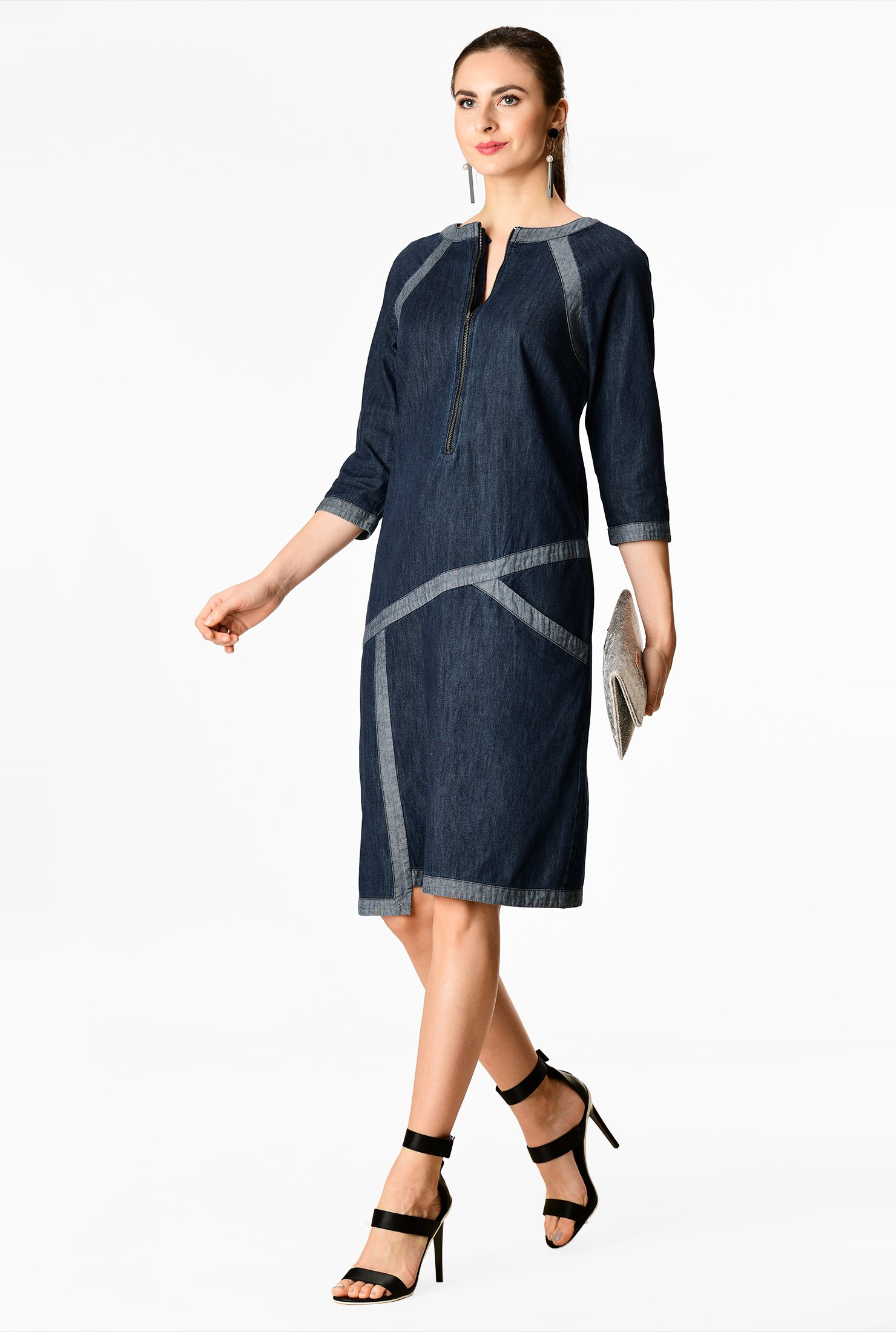 Shop Contrast Trim Cotton Denim Shift Dress Eshakti