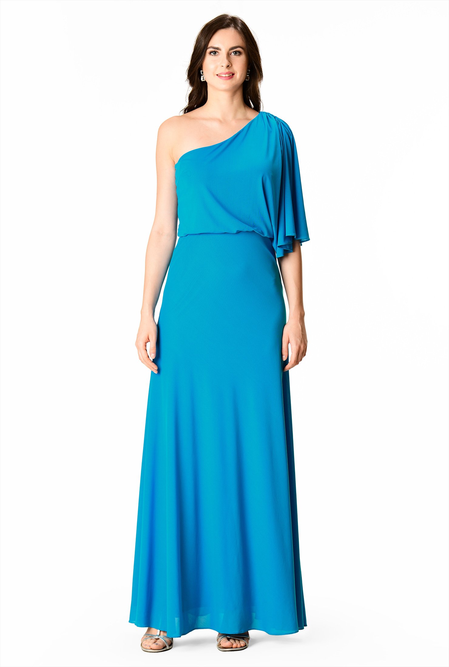 Shop Shirred one-shoulder mesh maxi dress | eShakti