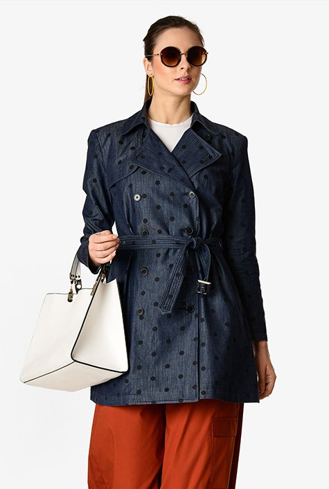 Dot print cotton chambray trench coat