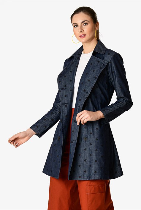 Dot print cotton chambray trench coat