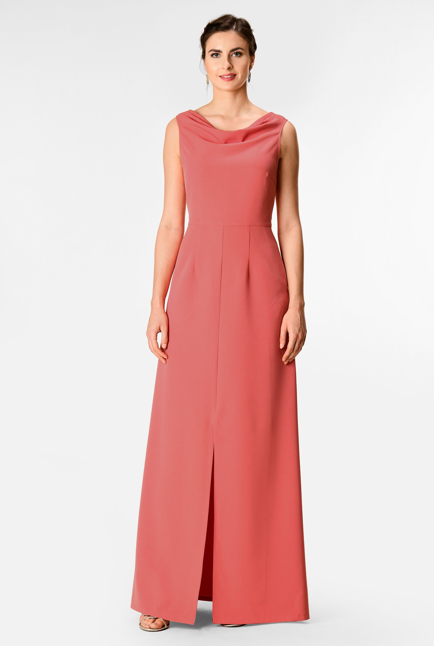Fit-and-flare styling sculpts flattering shape in our vibrant crepe dress detailed with a cowl neck and a flirty high front vent to show off those suntanned legs.