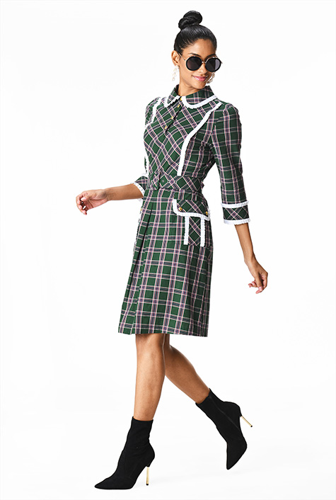 Shop Pleated ruffle trim cotton plaid dress eShakti