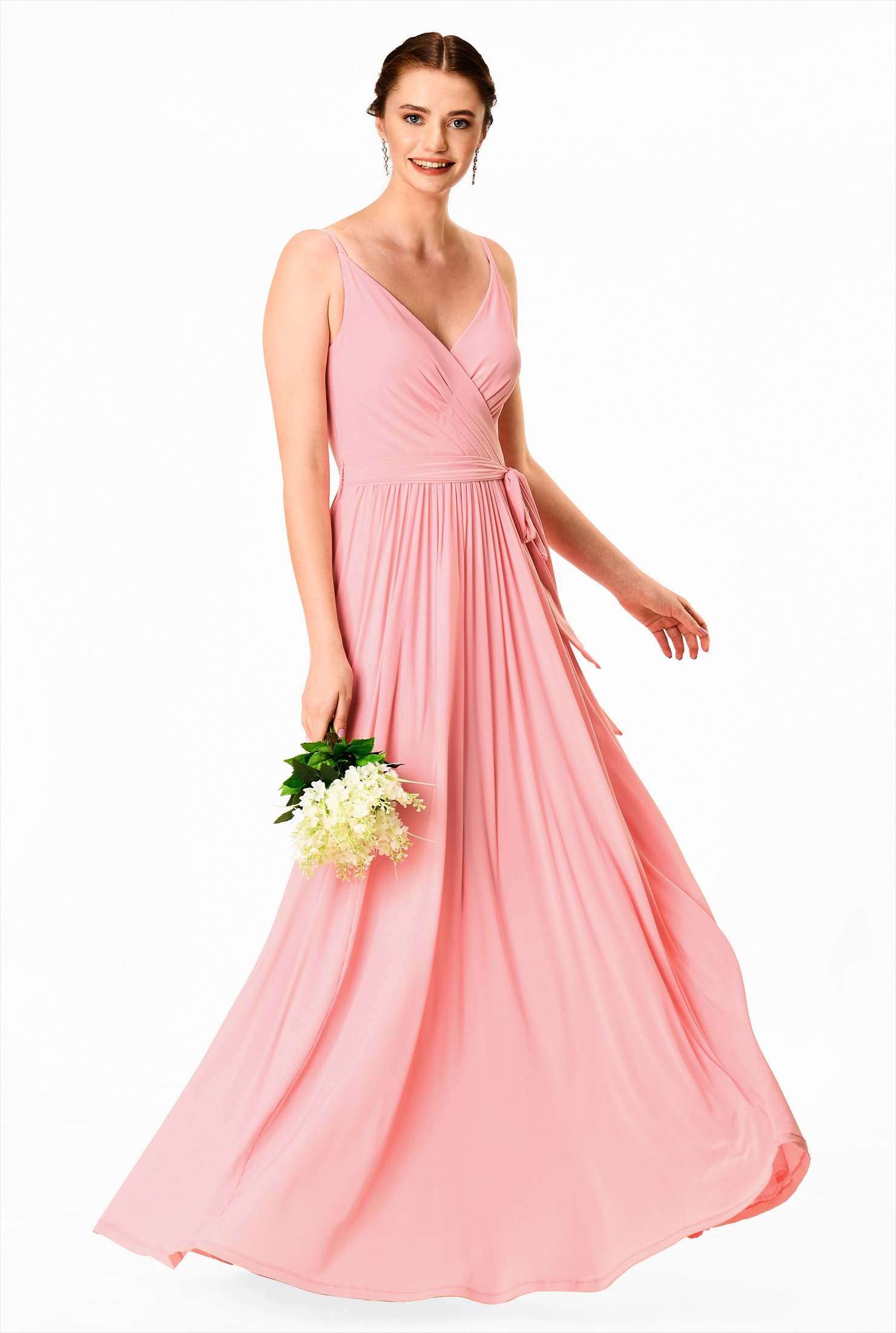 bridesmaid pink pleated mesh maxi dress