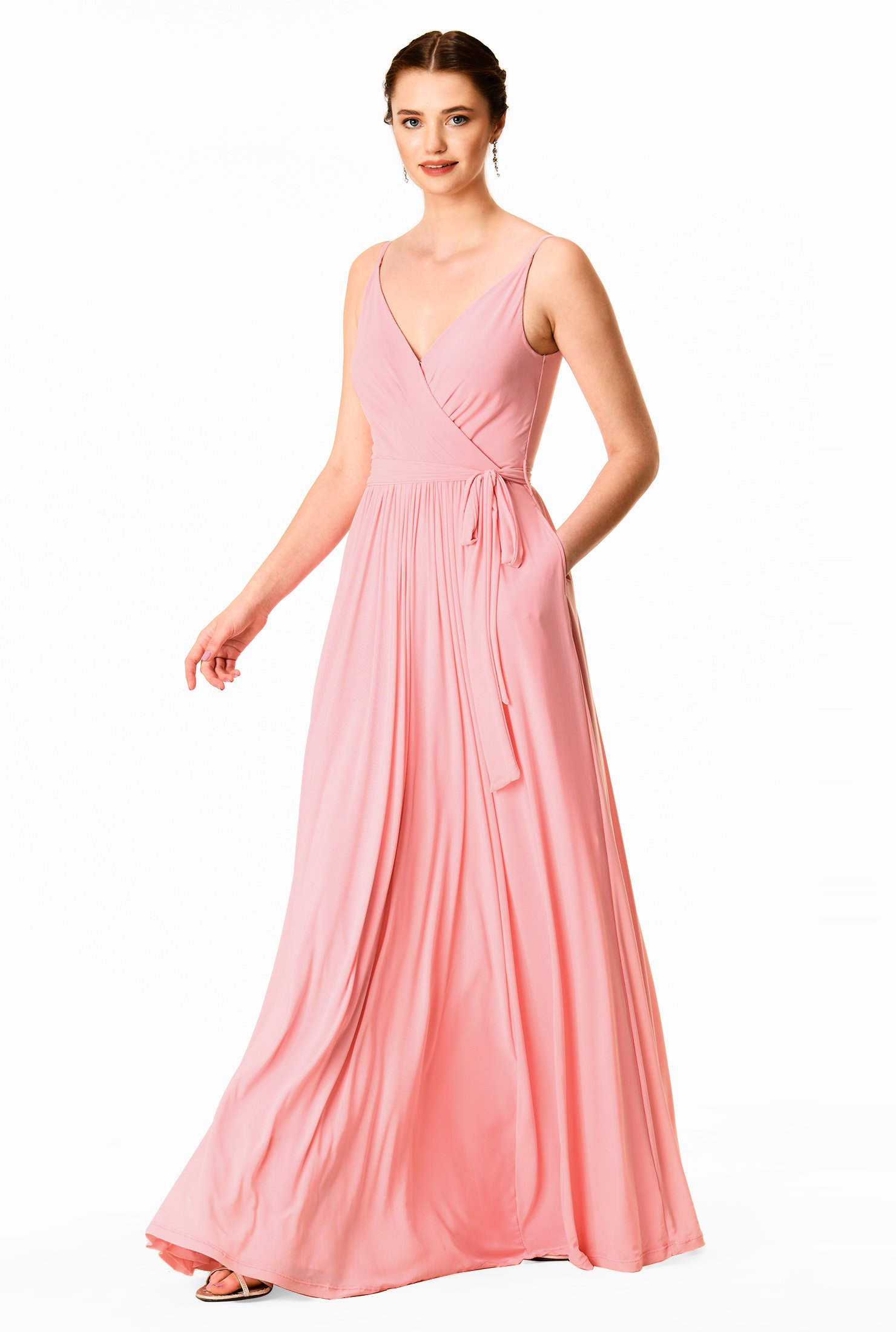 bridesmaid pink pleated mesh maxi dress