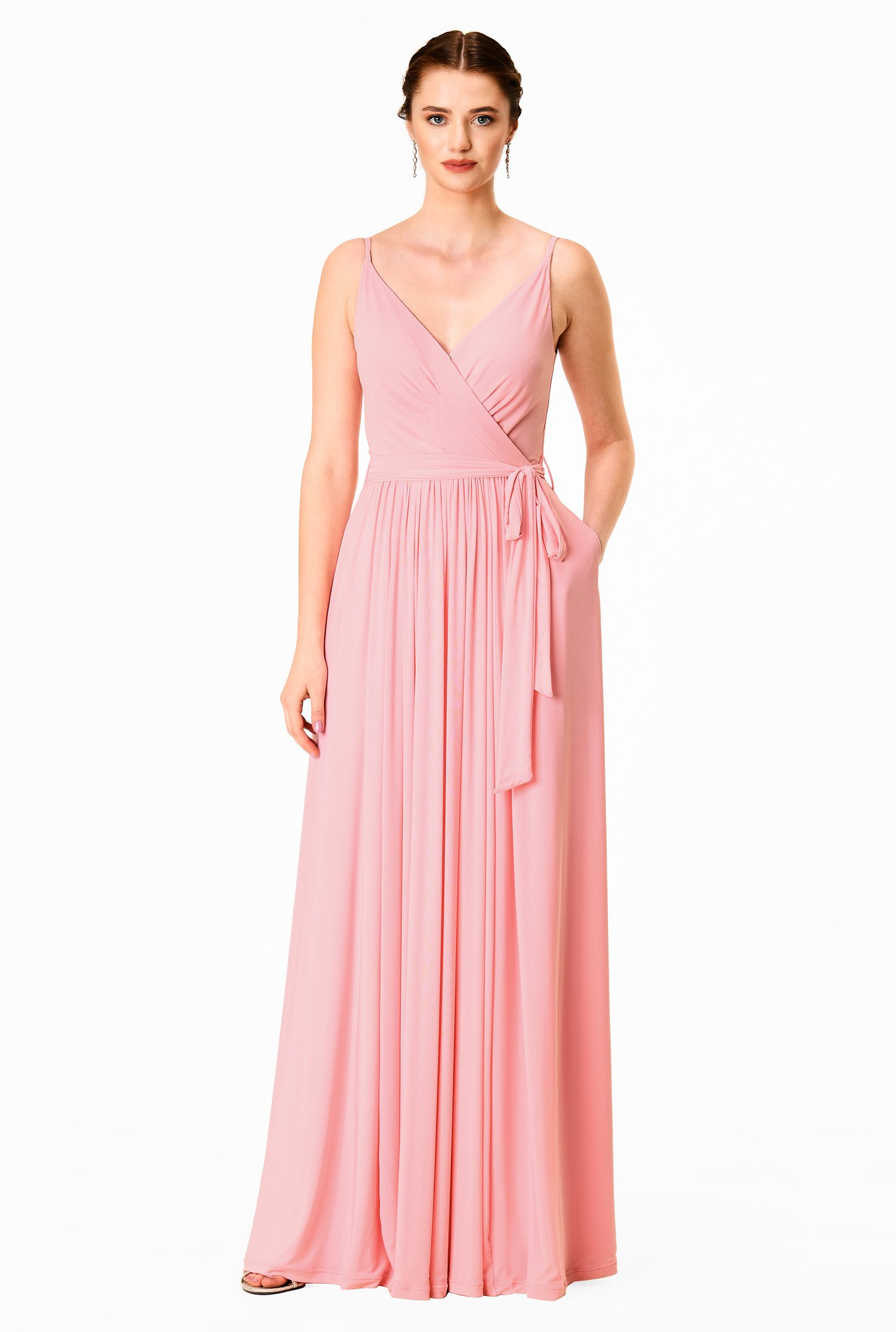 bridesmaid pink pleated mesh maxi dress