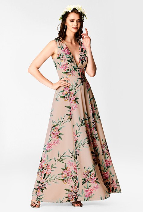 Shop Plunge floral print georgette maxi dress | eShakti
