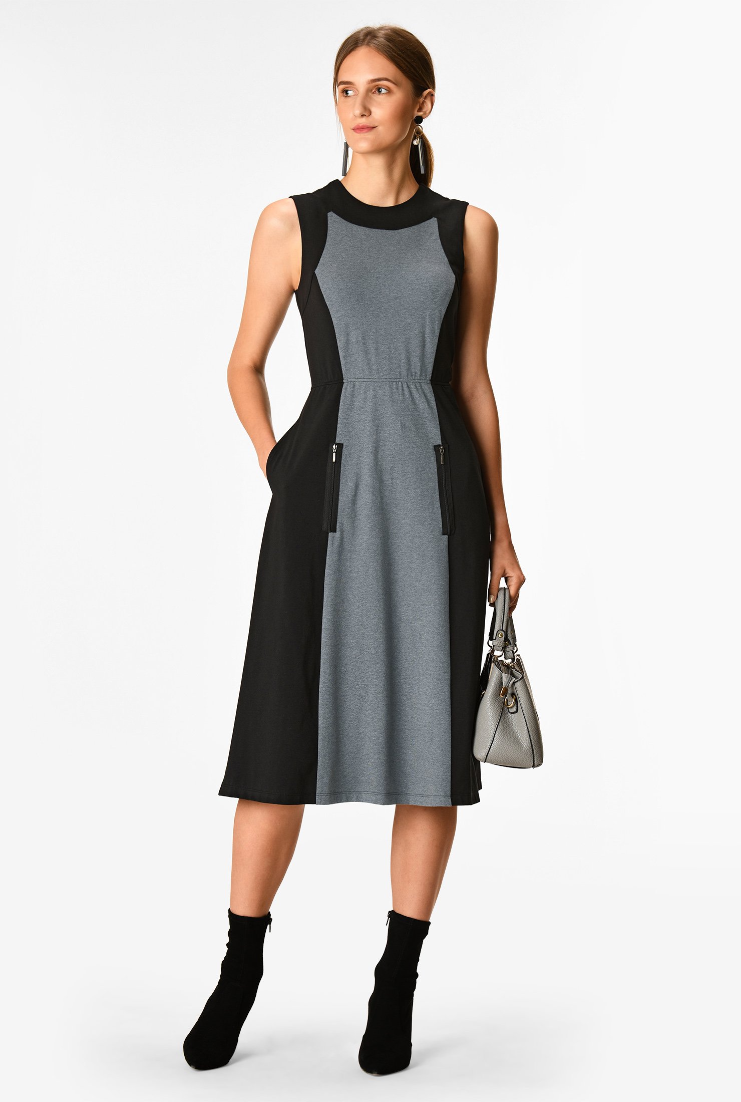 Shop Colorblock cotton knit zip pocket dress eShakti