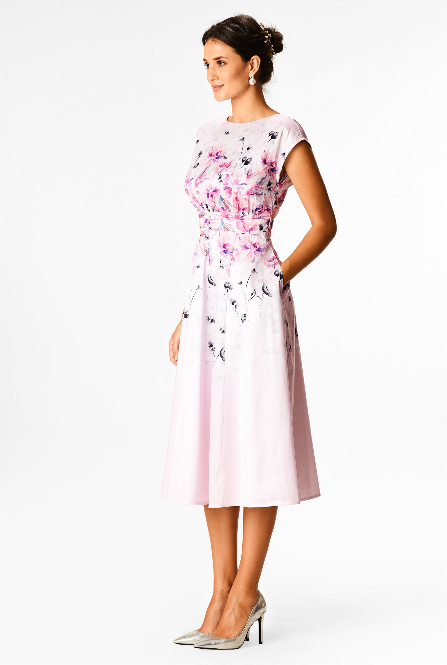 Shop Floral print dupioni pleated empire dress | eShakti