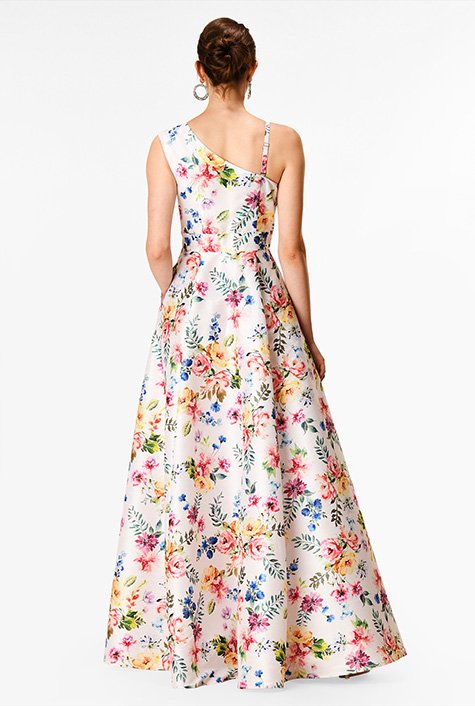 Shop One shoulder watercolor floral print dupioni maxi dress | eShakti