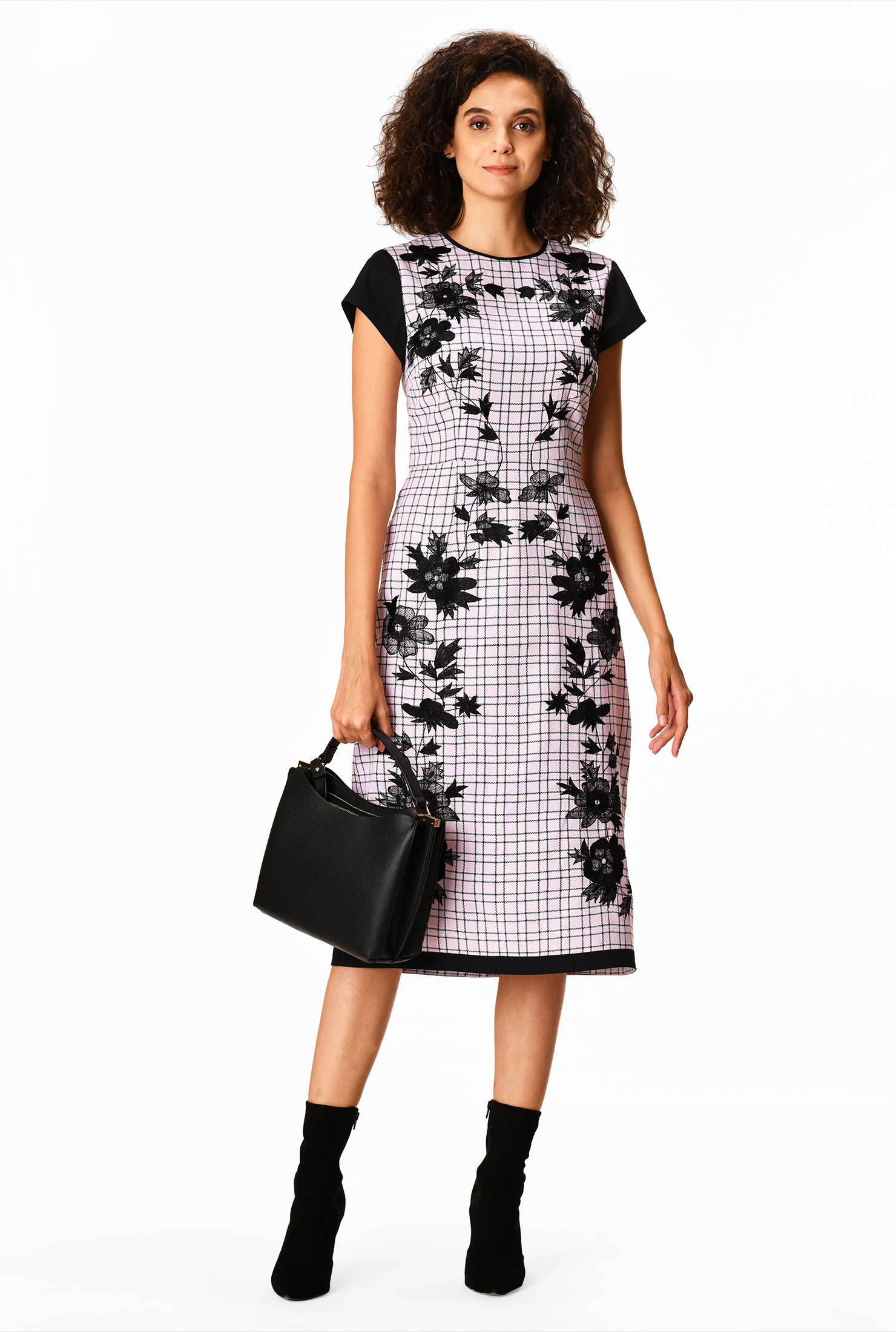 Shop Floral embellished check print cotton shift dress eShakti