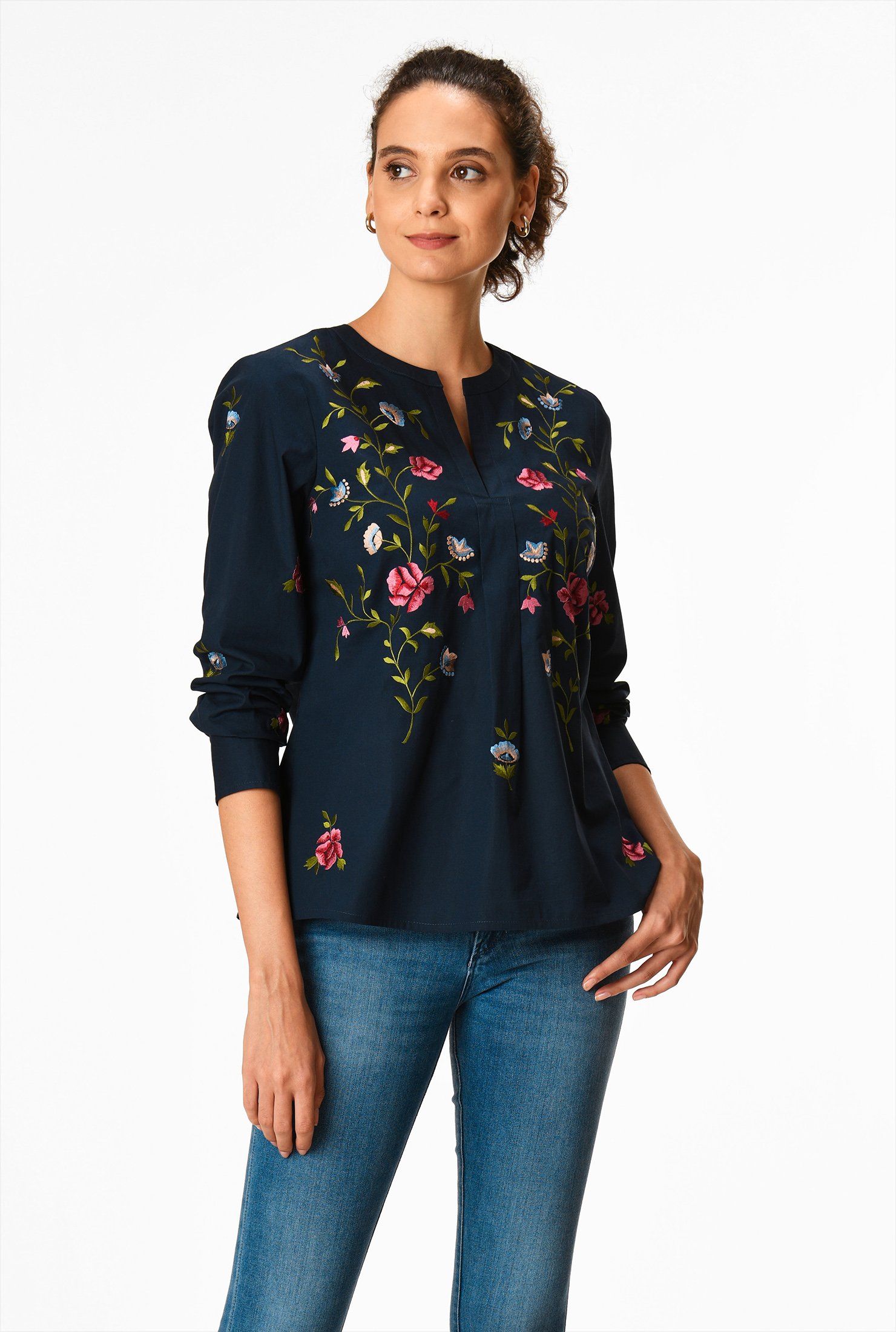 Shop Floral embroidered cotton poplin tunic | eShakti