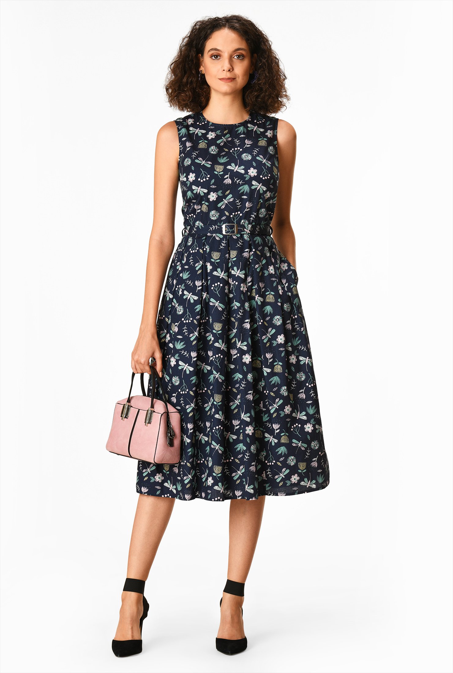 Shop Dragonfly and floral print cotton belted dress | eShakti