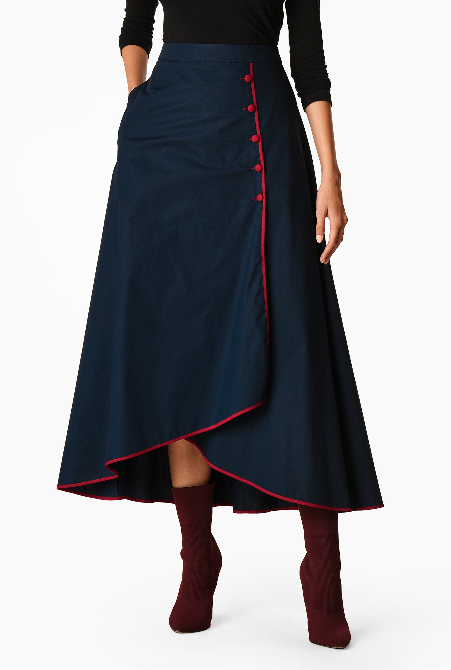 Shop High-low faux wrap poplin skirt | eShakti