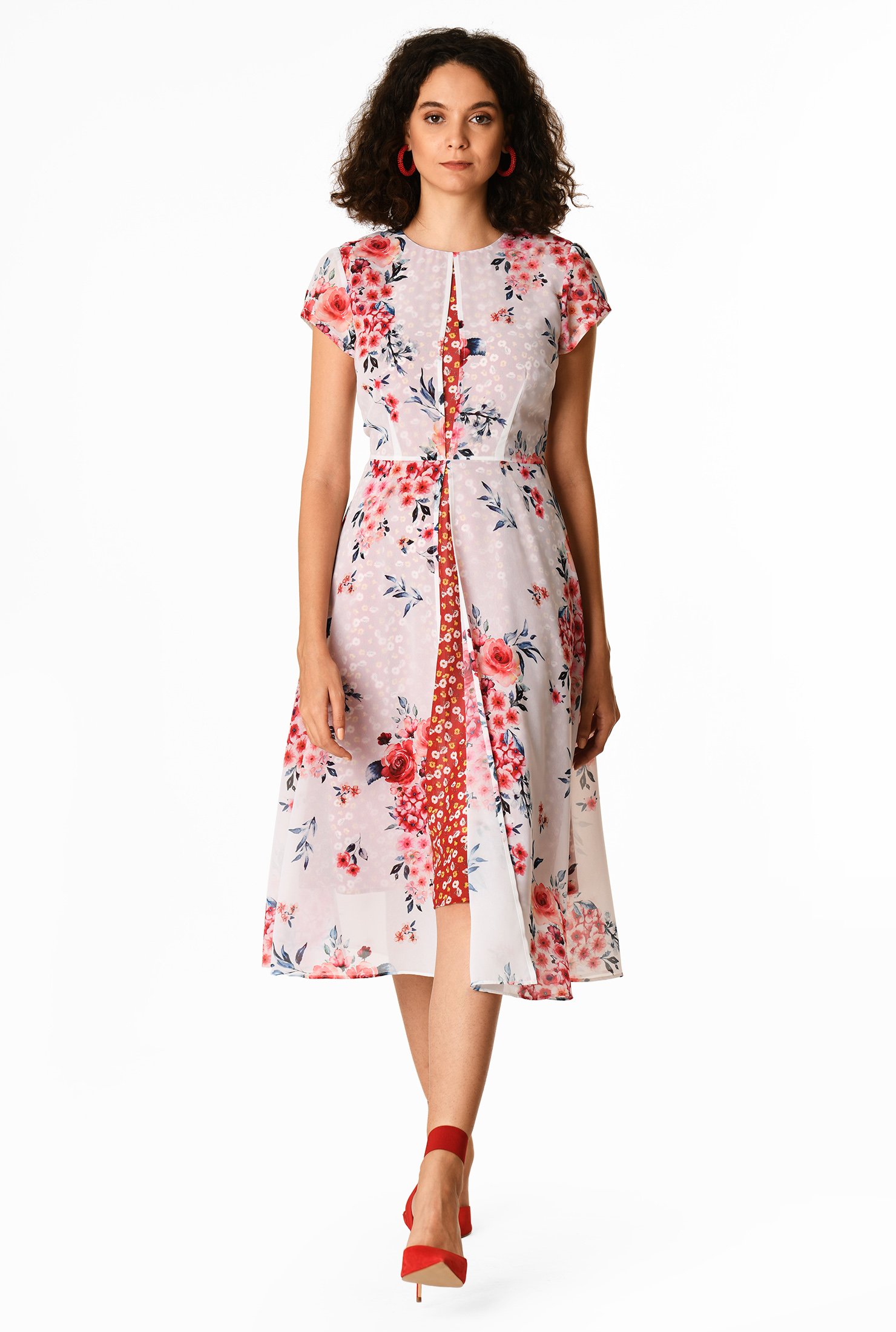 Shop Front open layer floral print georgette A-line dress | eShakti