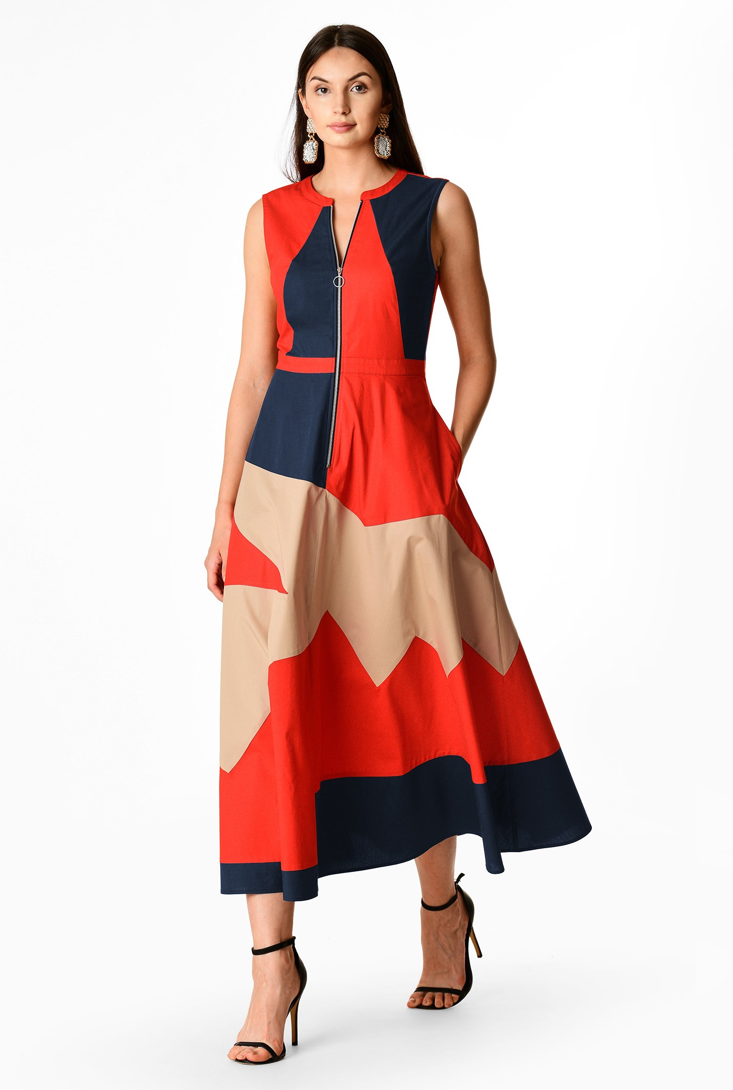 Shop Zip front abstract colorblock poplin dress | eShakti