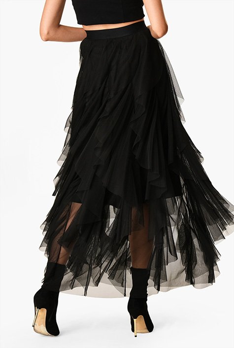Shop Raw edge ruffle asymmetric layer tulle skirt | eShakti