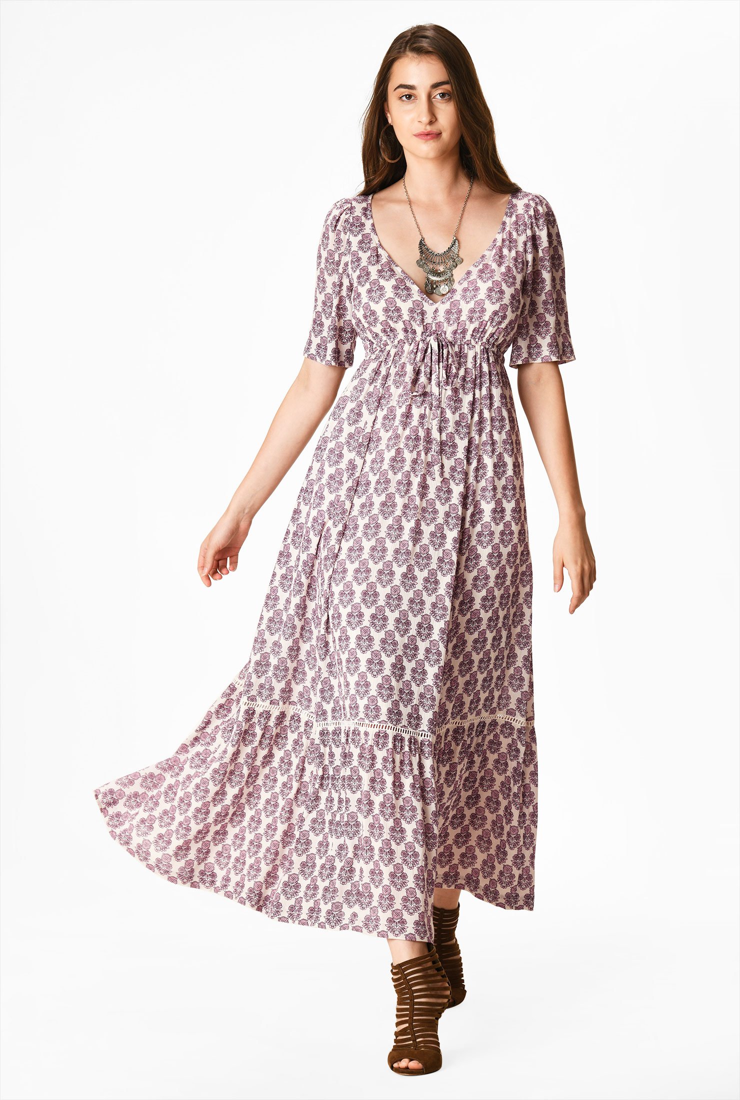 Shop Floral print drawstring empire cotton gauze dress | eShakti