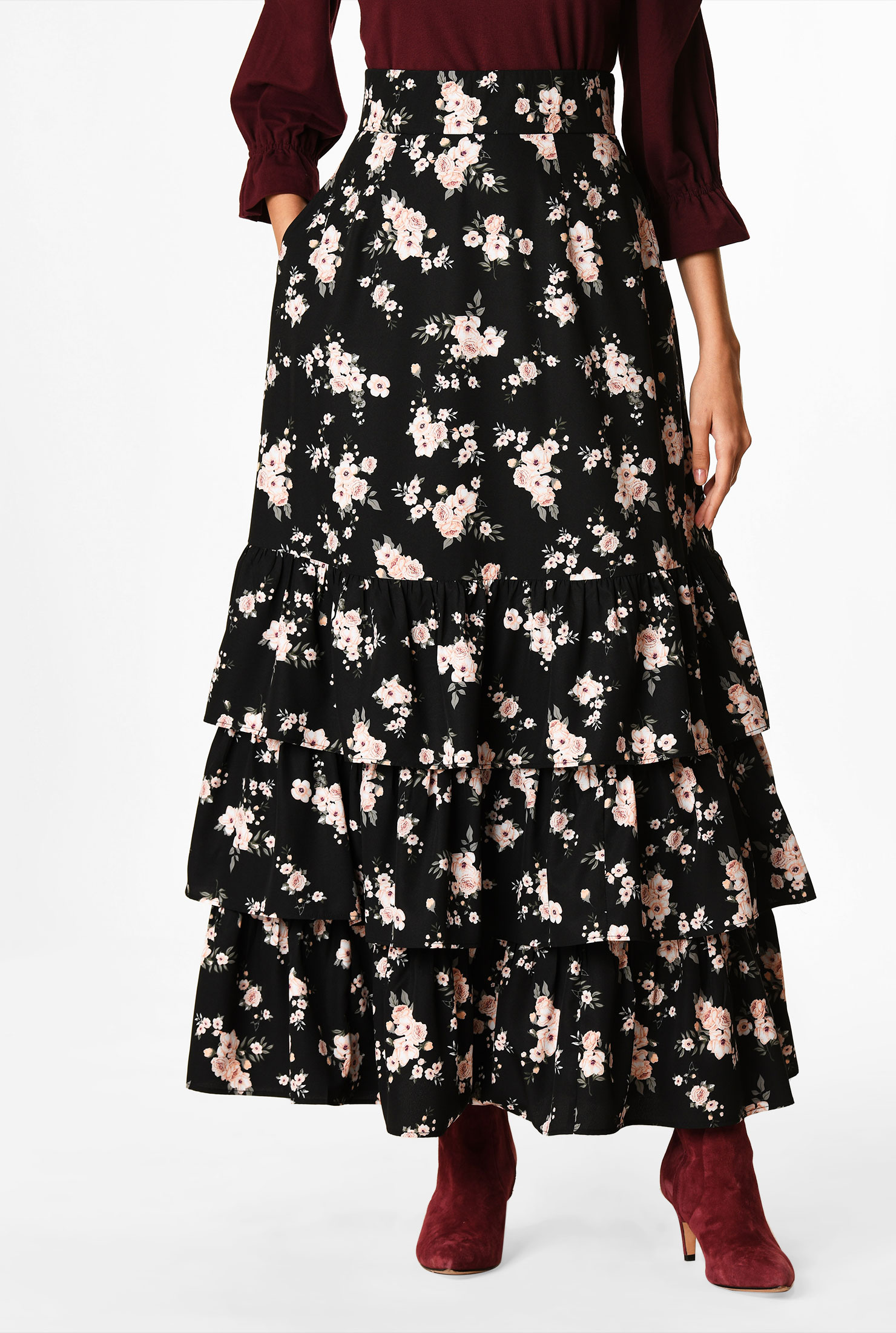 Shop Floral print crepe tiered elastic waist skirt eShakti