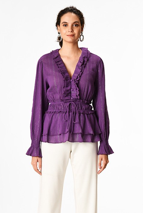 Shop Ruffle lurex stripe cotton gauze peplum blouse | eShakti