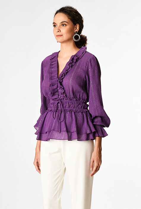 Shop Ruffle lurex stripe cotton gauze peplum blouse | eShakti