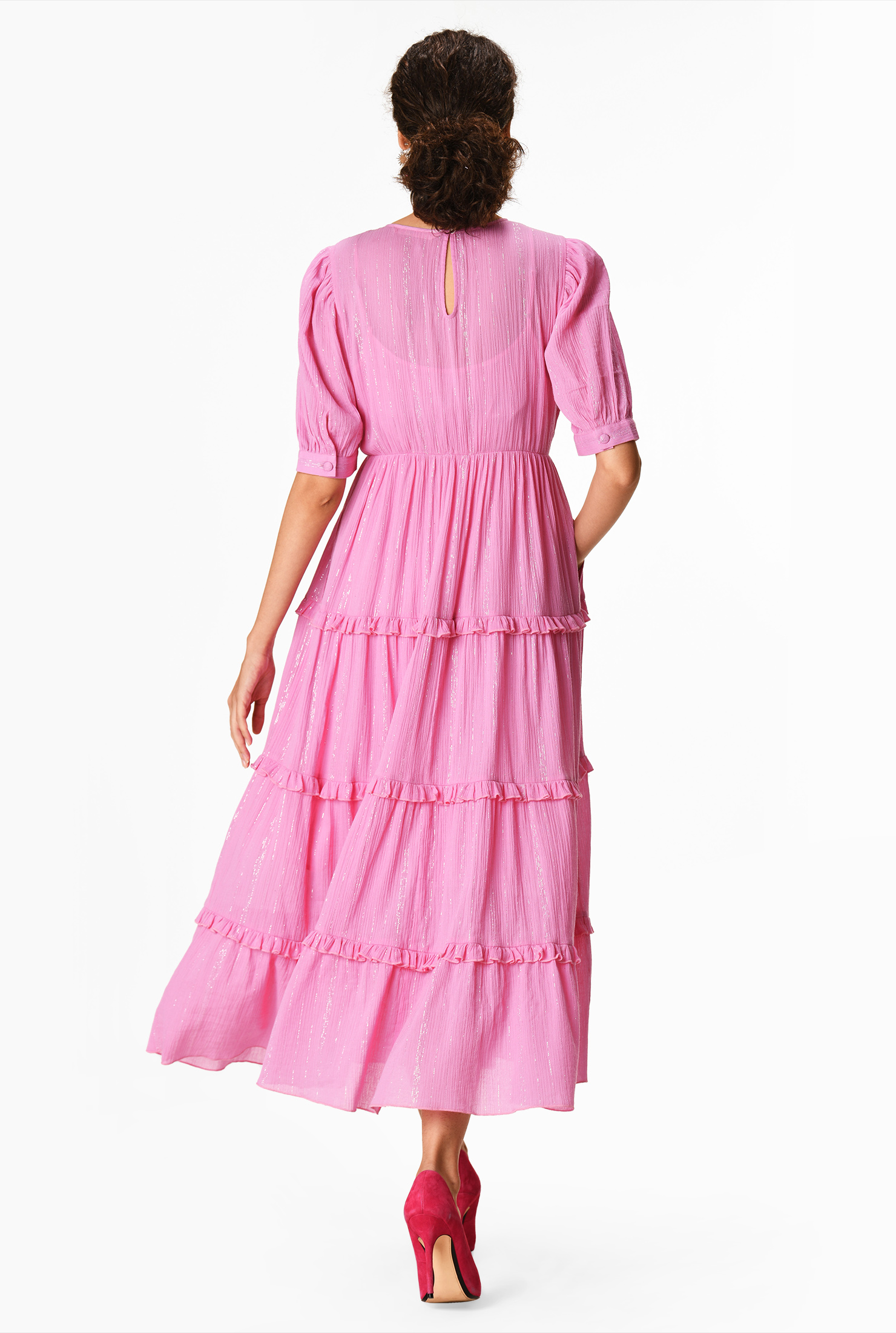 Shop Ruffle frill trim lurex stripe cotton gauze shift dress eShakti