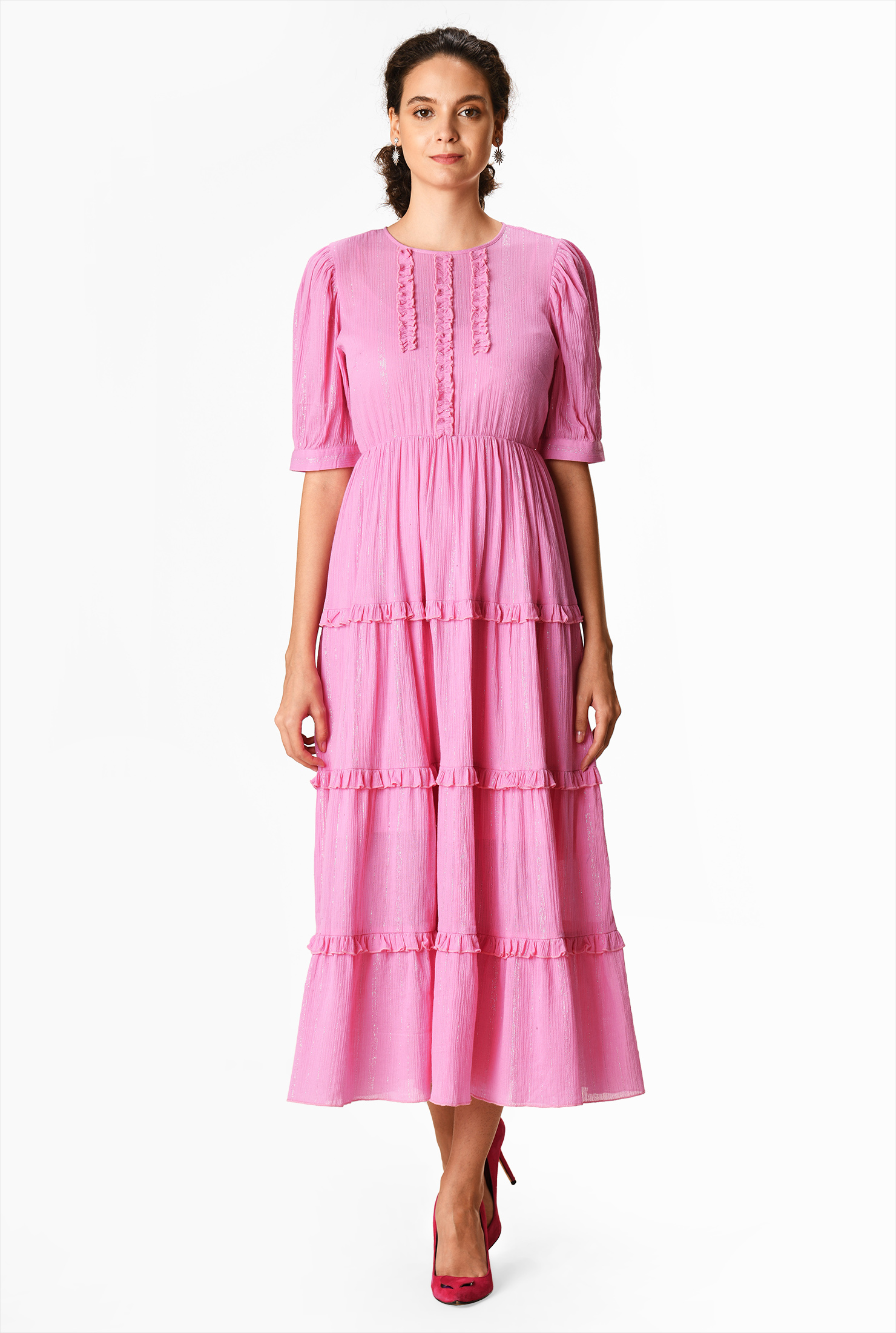 Shop Ruffle frill trim lurex stripe cotton gauze shift dress eShakti