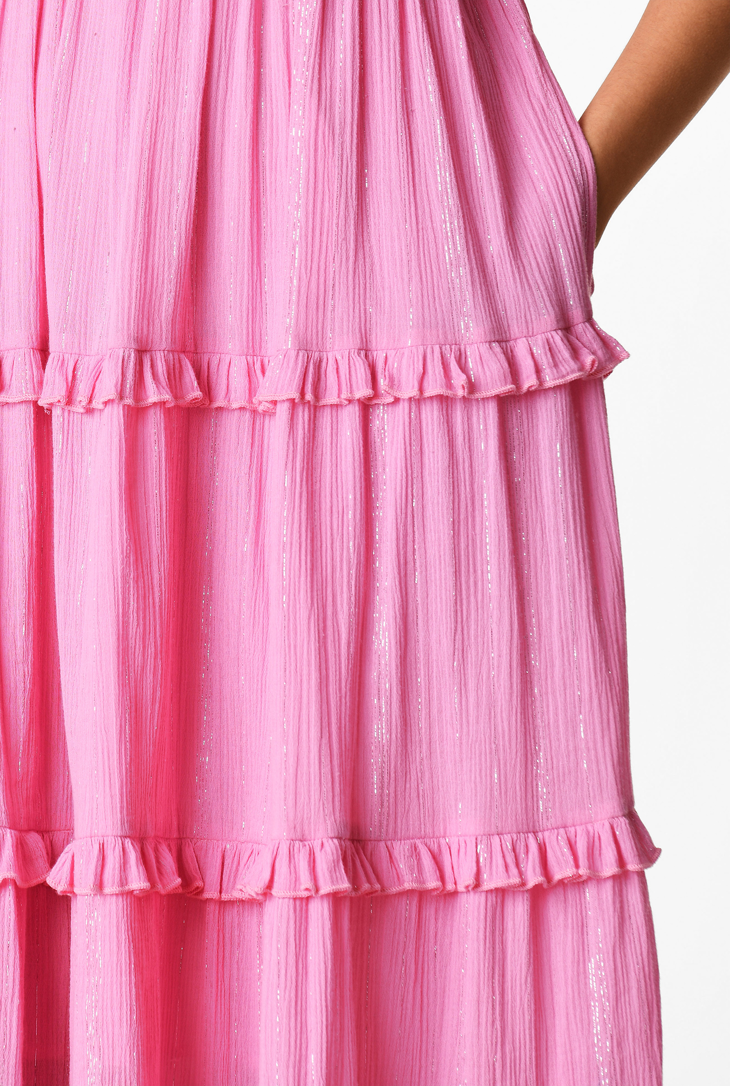 Shop Ruffle frill trim lurex stripe cotton gauze shift dress eShakti